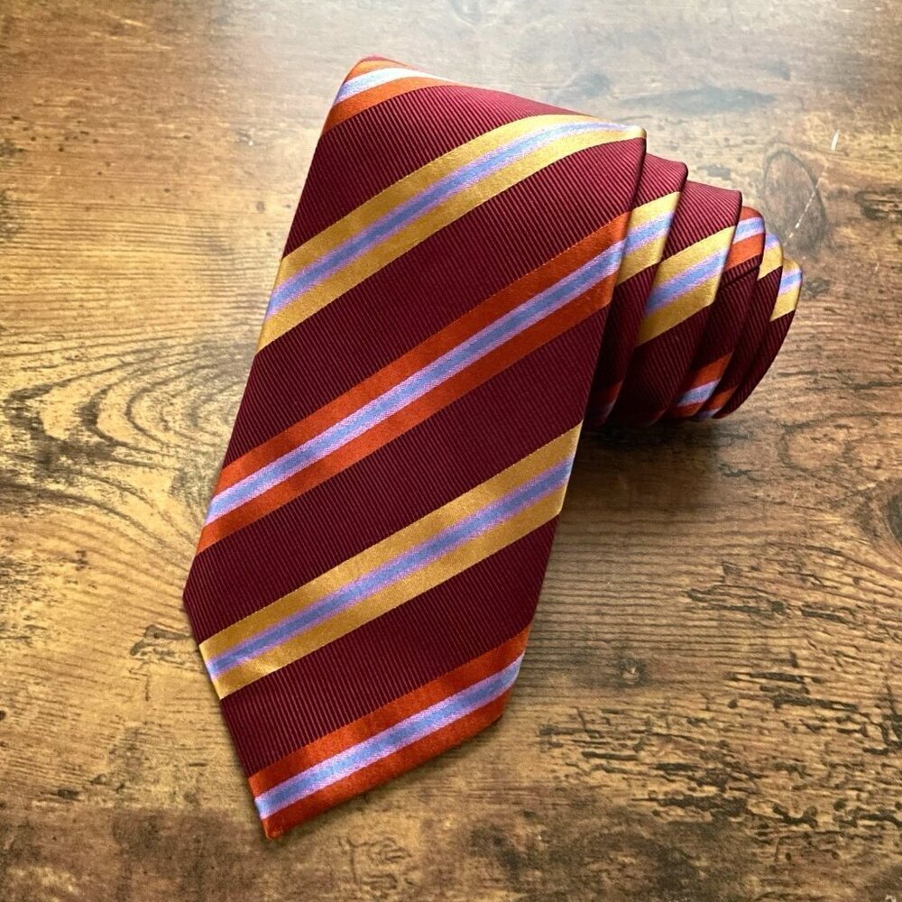 David Donahue Repp Stripe Tie Red Gold Blue Italian Silk Cotton Necktie Handmade